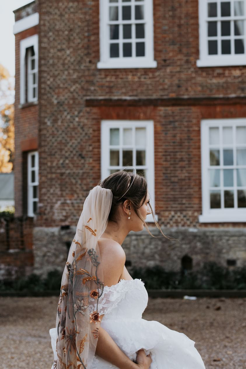 Autumn Leaves Falling Veil | TAN TULLE | Floral Wedding Veil