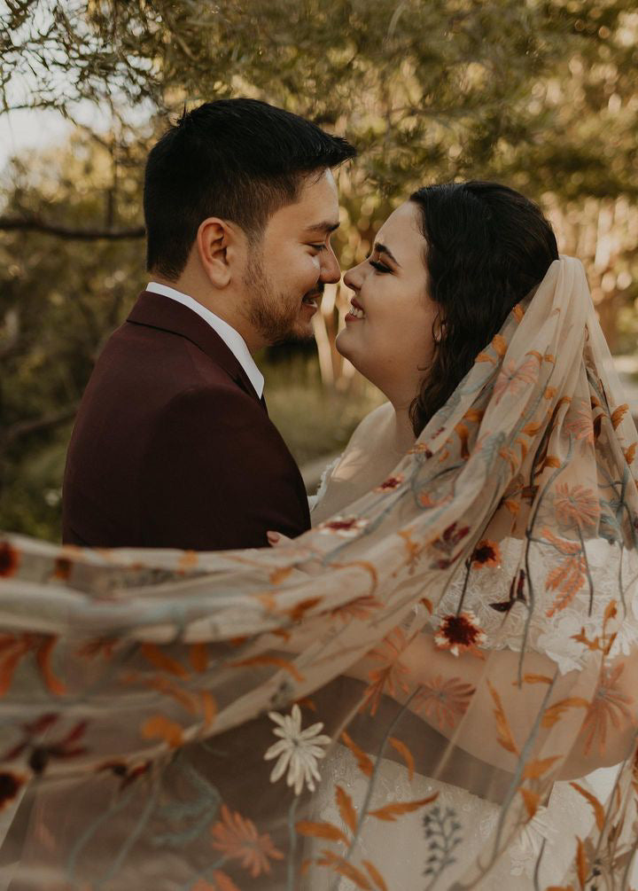 Autumn Leaves Falling Veil | TAN TULLE | Floral Wedding Veil
