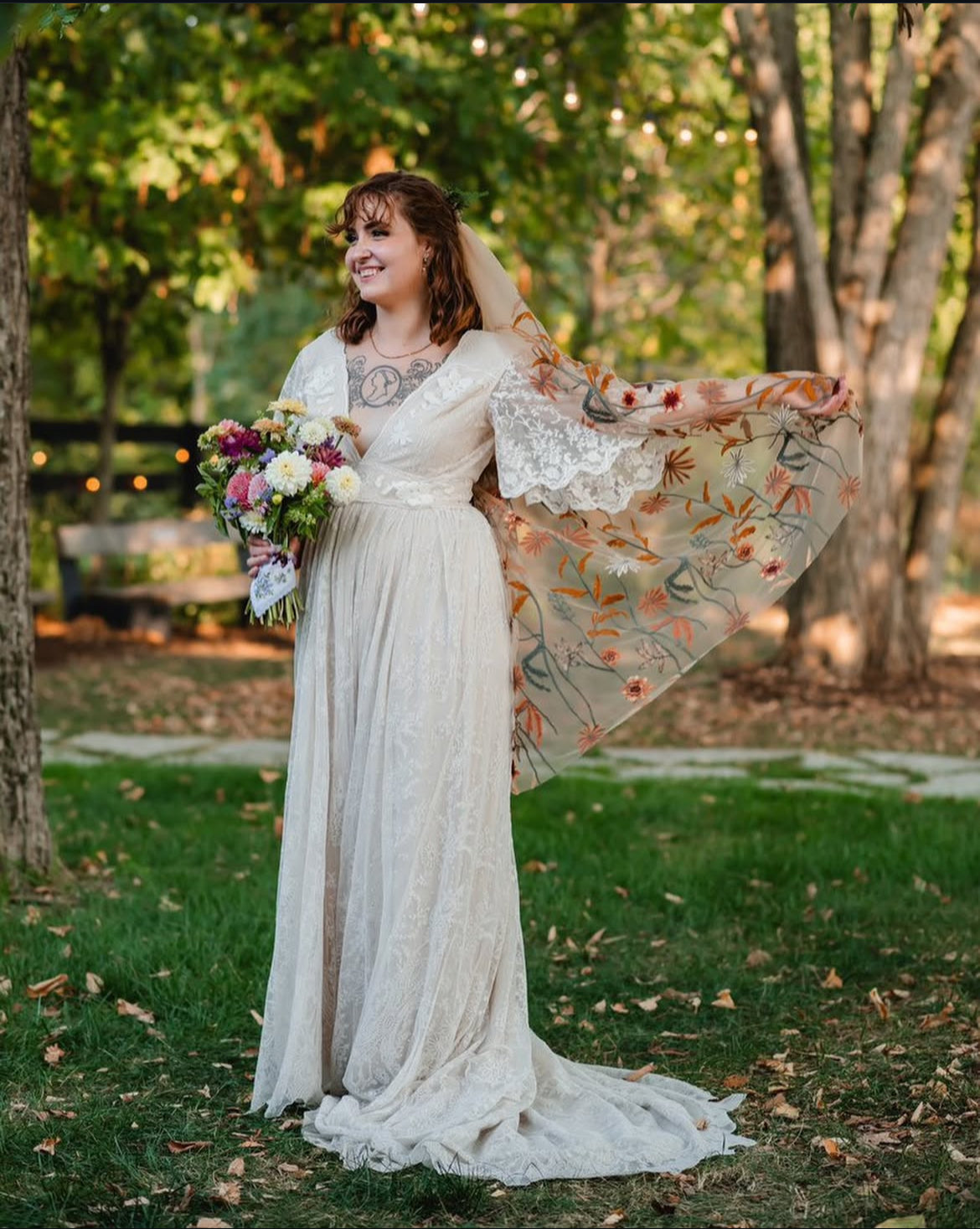 Autumn Leaves Falling Veil | TAN TULLE | Floral Wedding Veil