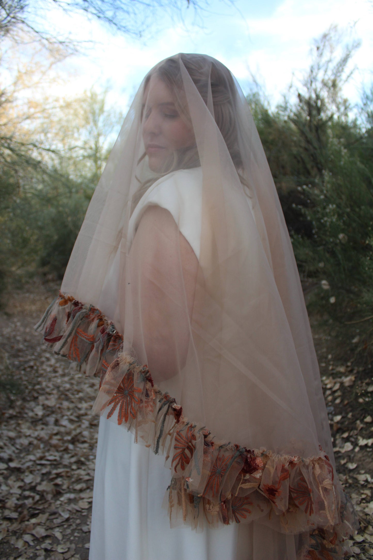 Autumn Leaves Falling Embroidery Ruffle Drop | Floral Wedding Veil