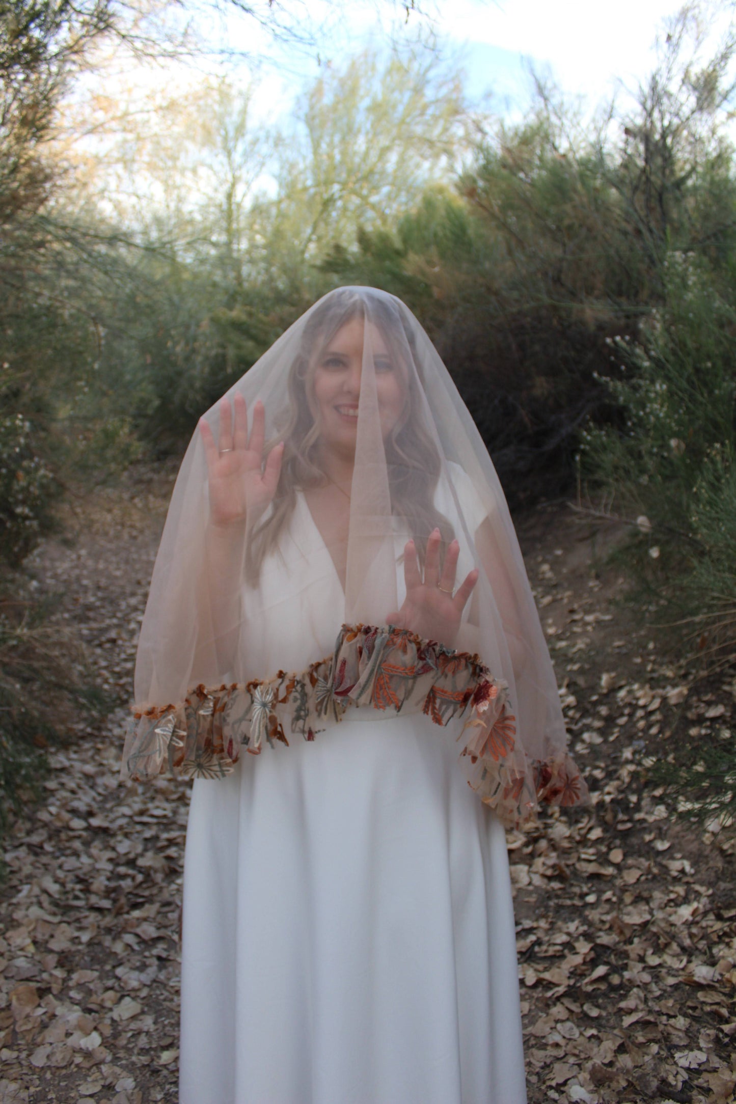 Autumn Leaves Falling Embroidery Ruffle Drop | Floral Wedding Veil