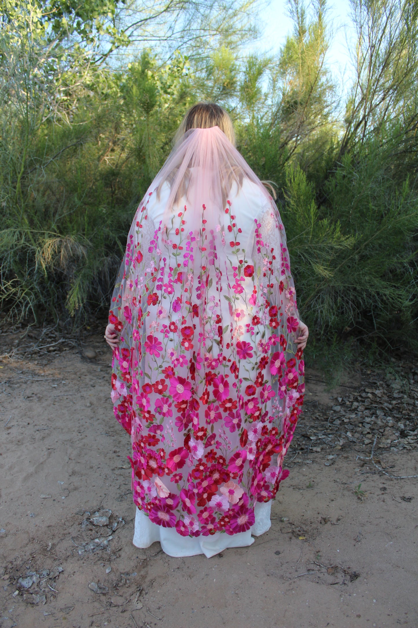 Flamingo Pink | Floral Embroidery Wedding Veil