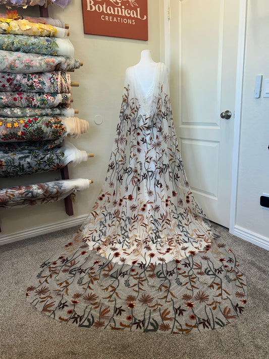 Autumn Leaves Falling Cape | WHITE TULLE | Floral Wedding Veil