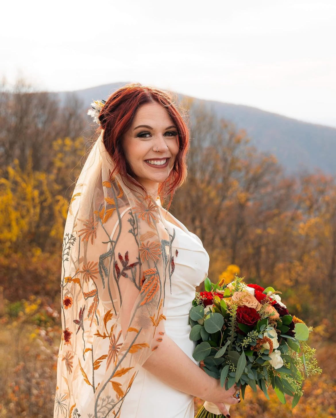 Autumn Leaves Falling Veil | TAN TULLE | Floral Wedding Veil