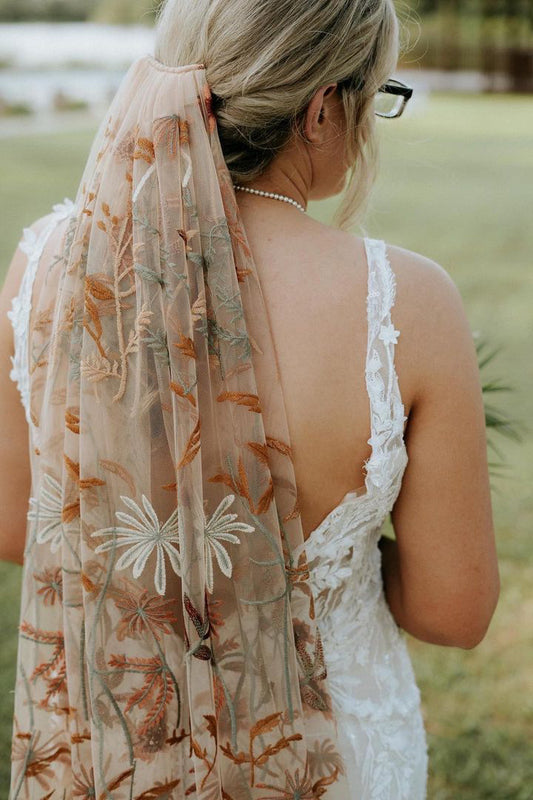 Autumn Leaves Falling | TAN TULLE | Floral Wedding Veil