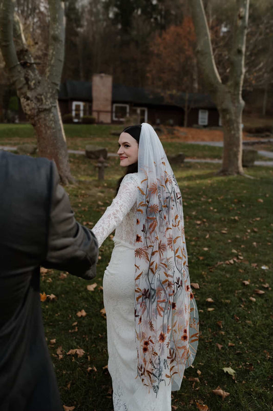 Autumn Leaves Falling | WHITE TULLE | Floral Wedding Veil