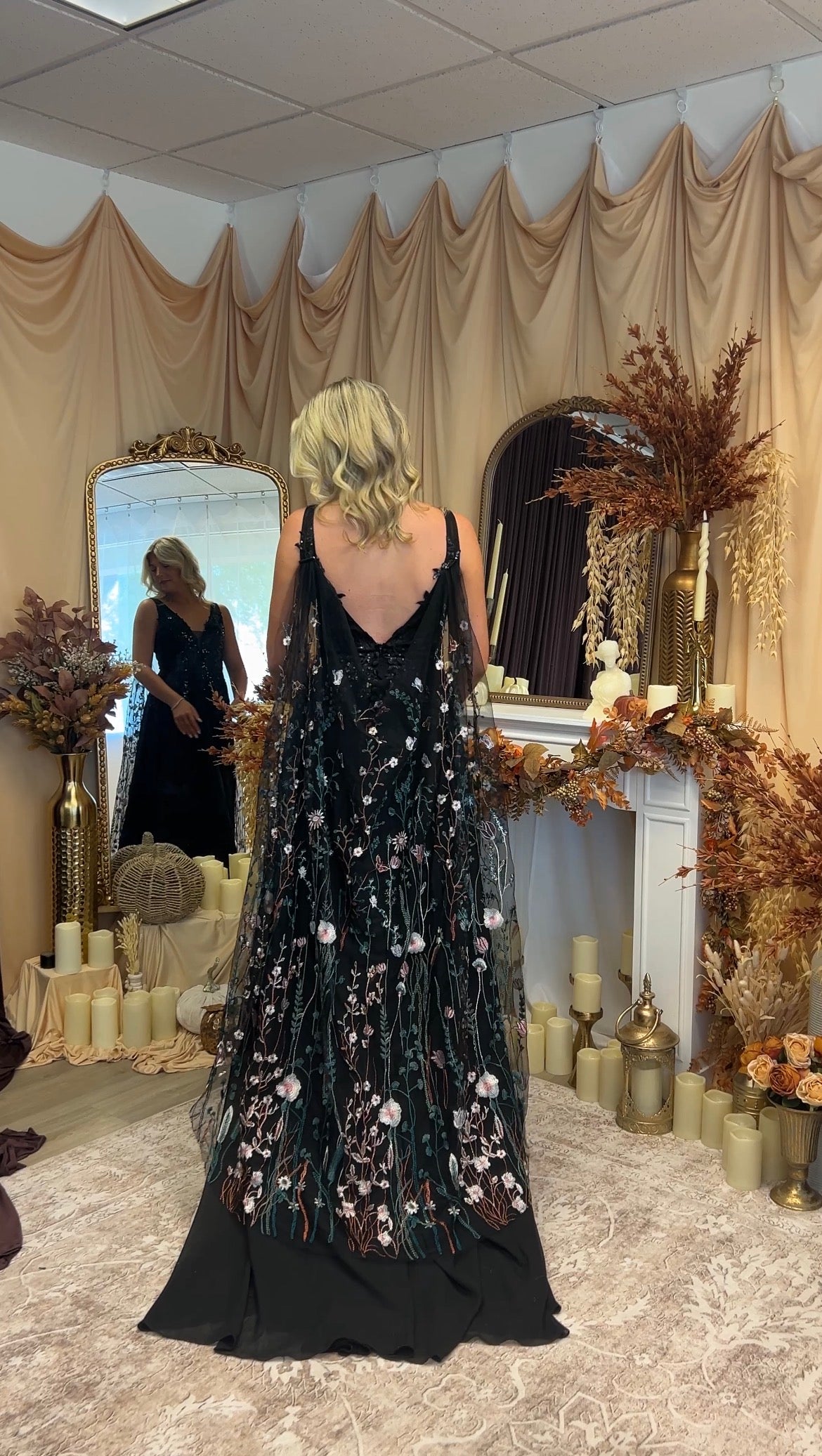 Green Wildflower Cape | Black Tulle