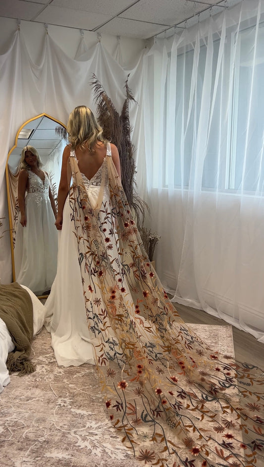 Autumn Leaves Falling Cape | TAN TULLE | Floral Wedding Veil