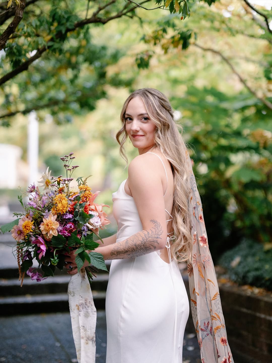 Autumn Leaves Falling Veil | TAN TULLE | Floral Wedding Veil