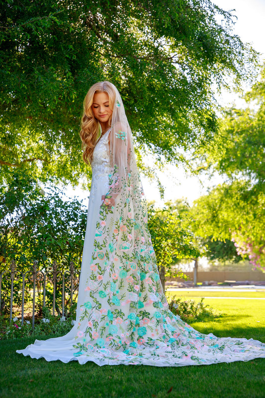 Turquoise Peachy Rose | Floral Wedding Veil