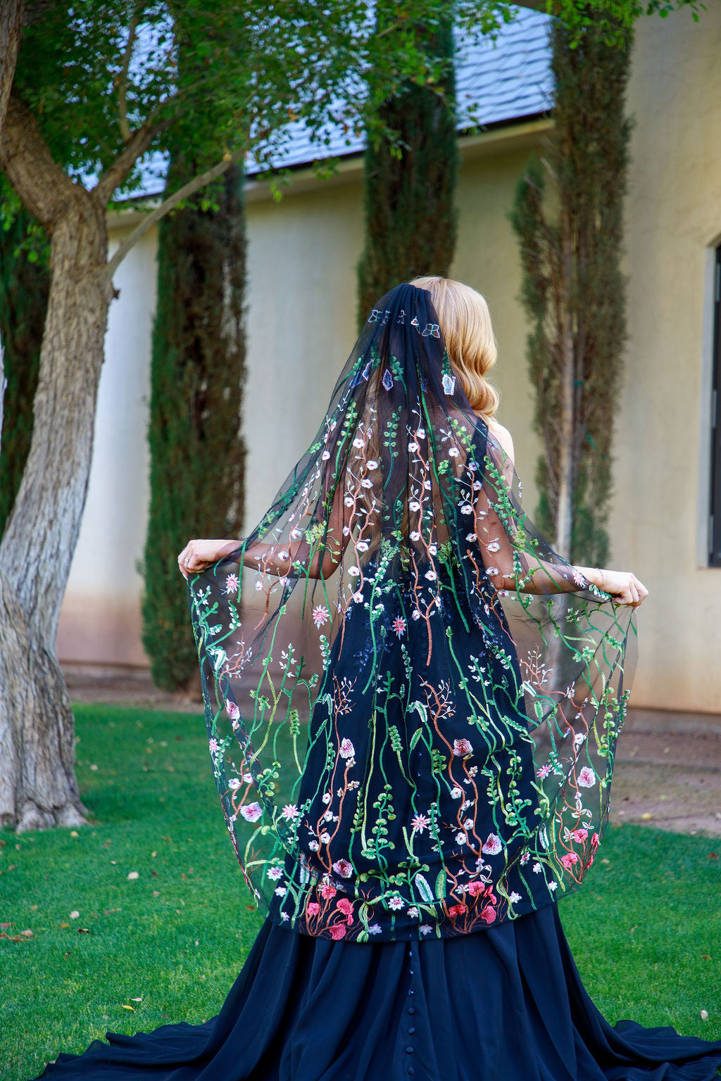 Muted Wildflower | BLACK TULLE | Floral Wedding Veil