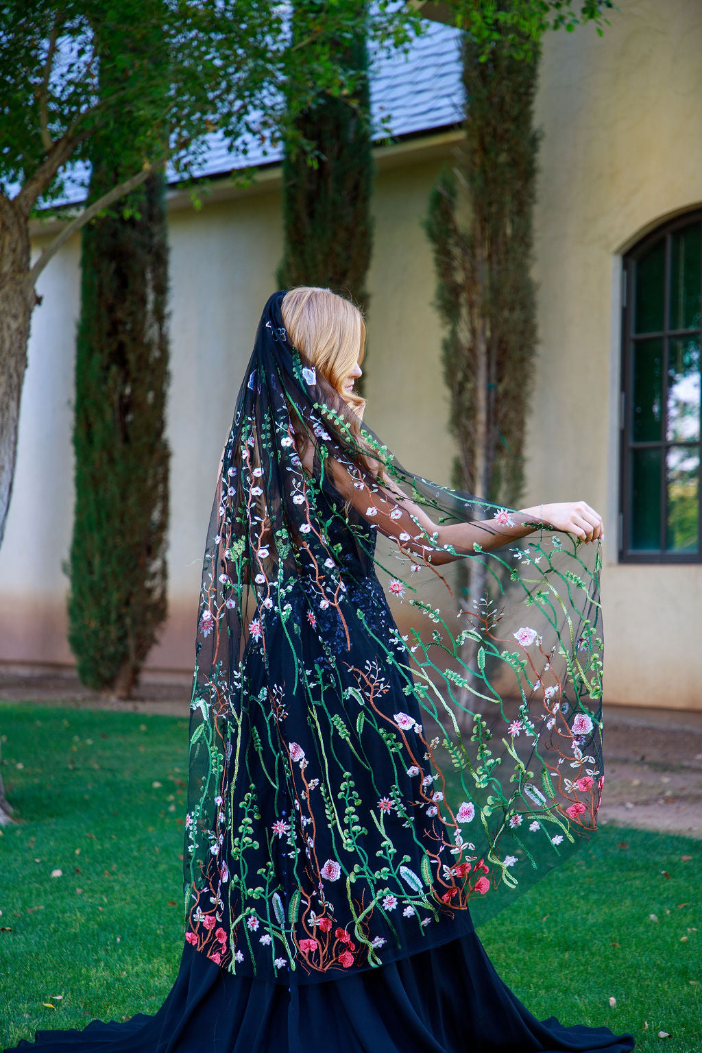 Muted Wildflower | BLACK TULLE | Floral Wedding Veil