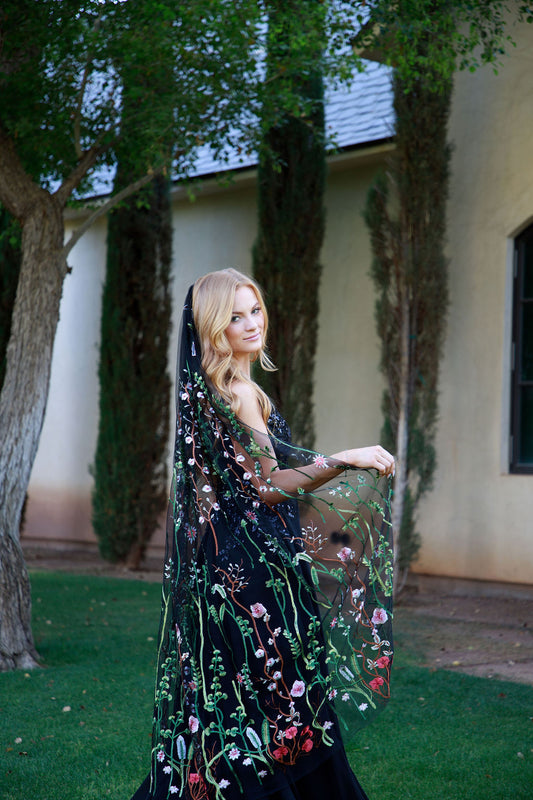 Muted Wildflower | BLACK TULLE | Floral Wedding Veil