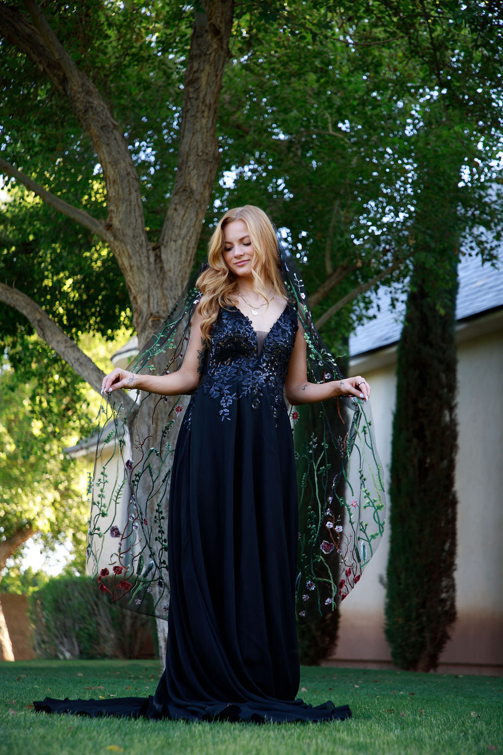Muted Wildflower | BLACK TULLE | Floral Wedding Veil