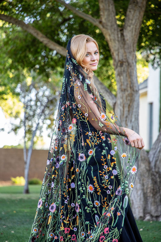Orange Wildflower | BLACK TULLE | Floral Wedding Veil