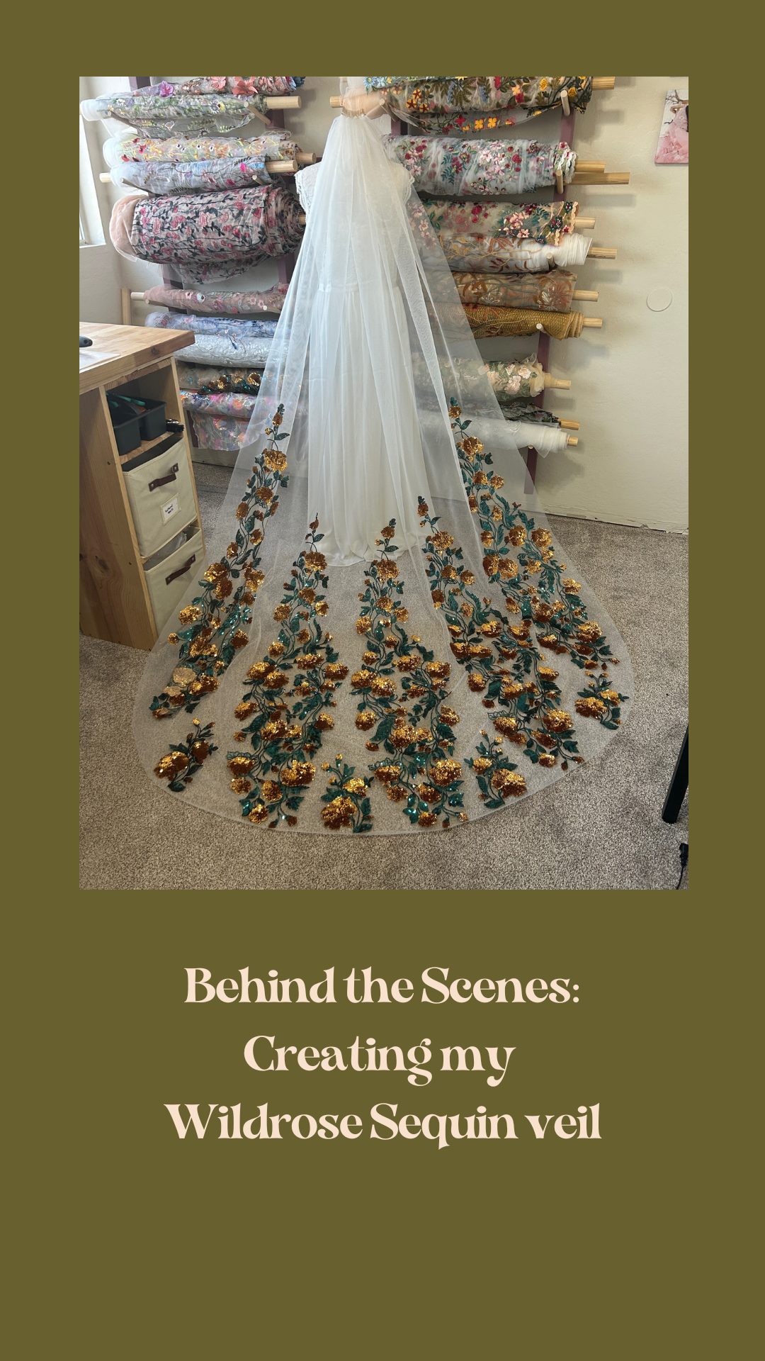 behind the scenes of creating my wild rose floral wedding veil, with sequin flowers and greenery